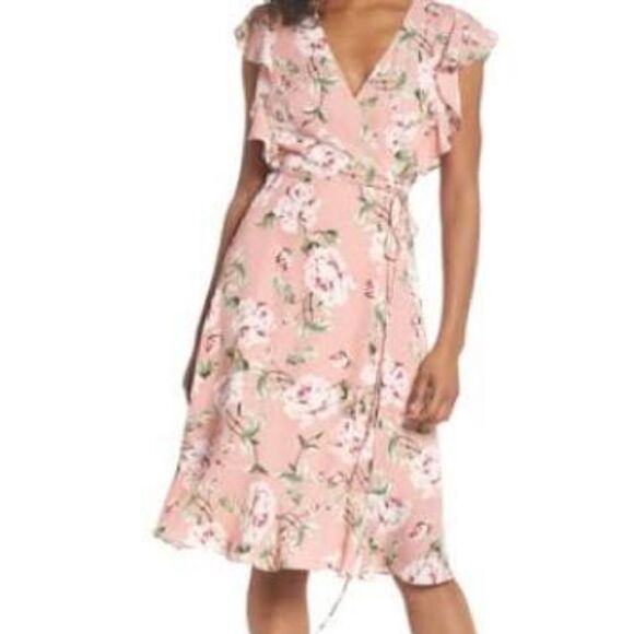 Charles Henry Pink Floral Midi Wrap Dress - Picture 1 of 7